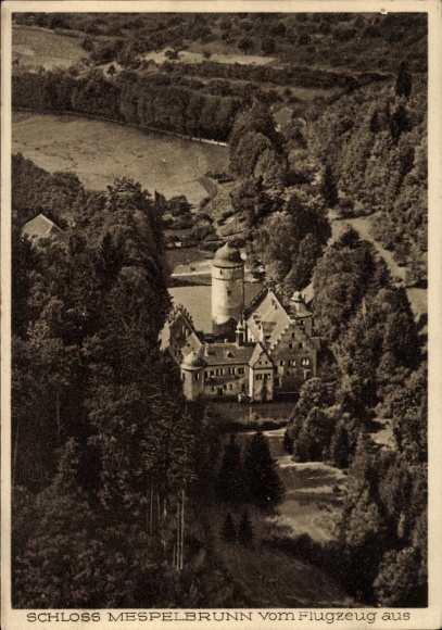 Postcard Mespelbrunn in Spessart Lower Franconia, aerial photography, castle