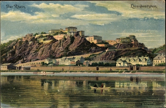 Artist PC Scheiner, Franz, Ehrenbreitstein Koblenz am Rhein, castle seen from the water