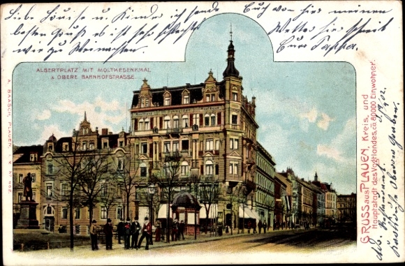 Postcard Plauen im Vogtland, Albertplatz, Moltke Monument, Obere Bahnhofstraße
