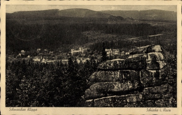 Postcard Schierke Wernigerode in the Harz, Schnatchee Cliff, view of Schierke, forest landscape,