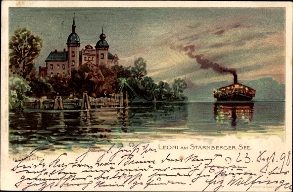 Artist Chromo-Litho Deuchert, Leoni Berg on Lake Starnberg in Upper Bavaria, saloon steamer on the lake
