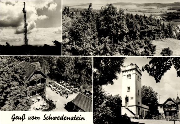 Ak Schwedenstein bij Pulsnitz, zwarte foto's, uitkijktoren, bos, gebouw, restaurant, belettering