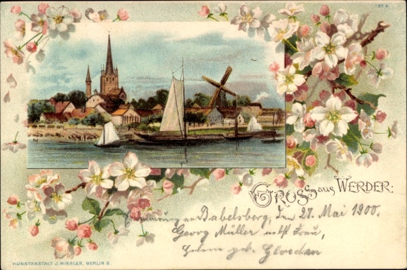 Passepartout Litho Werder an der Havel, Uferpartie, Segelschiffe, Kirche, Windmühle, Baumblüten