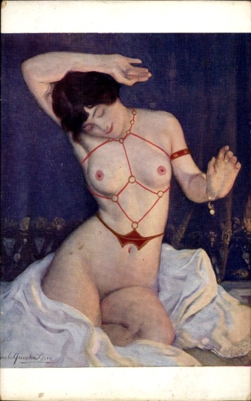 Artist Postcard Quentin, E., Naked woman by the fireplace, erotic