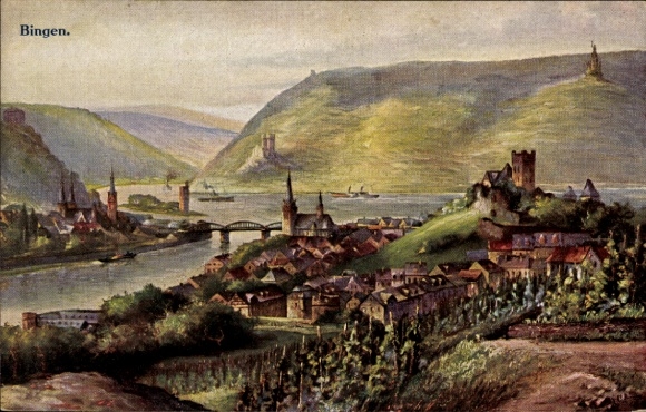 Artist Postcard Bingen am Rhein, general view, Bingerbrück, Elisenhöhe, Niederwald Monument