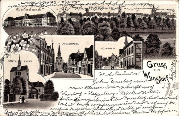 Chromo-Litho Wunstorf in Lower Saxony, Teacher Training College, Collegiate Church, Langestraße, Südstraße, general view