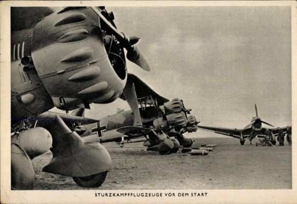 Postcard German Air Force, dive bombers before takeoff, Stuka, Junkers Ju 87 B, Henschel Hs 123