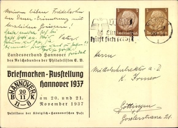 KP artystyczna pocztówka Postillione, Hannoversche Post, wystawa znaczków 1937