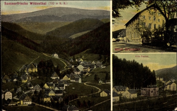 PC Wildenthal Eibenstock in the Ore Mountains, Drechslers Gasthof am Auersberg, panorama of the place