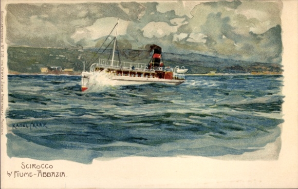 Artist Postcard Raoul Frank, Scirocco, passenger steamer line Fiume - Abbazia, Adriatic Sea