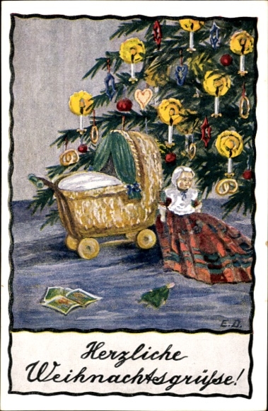 Artist Postcard Dutschmann, Congratulations Christmas, Christmas tree, candles, doll carriage, doll