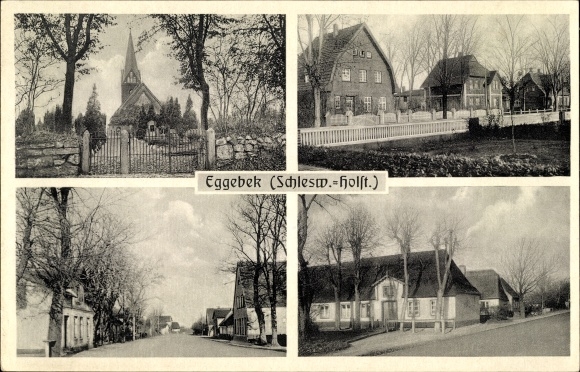 Ak Eggebek Kreis Flensburg, Kirche, Häuser mit Gärten, Straßenansichten
