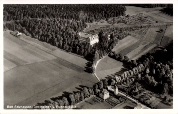 Postcard Bad Salzhausen Nidda in Hesse, aerial photograph of fields and forests, landscape photograph