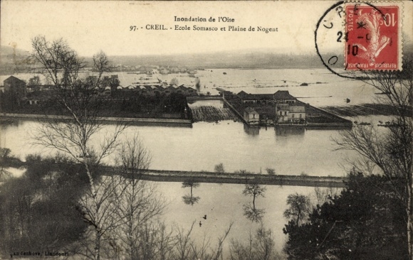 CPA Creil Oise, Inondation de l'Oise, Ecole Somasco et Plaine de Nogent