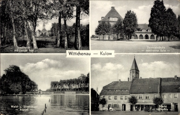 Ak Wittichenau Kulow in der Oberlausitz, Stadtteich, Zentralschule, Strandbad, Markt