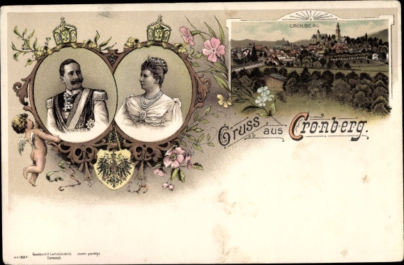 Litho Kronberg im Taunus, Blick auf den Ort, Kaiser Wilhelm II., Kaiserin Auguste Viktoria