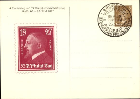 Postwaardestuk Ak 4e Bondsdag en 33e Duitse Filatelistendag 1927, S. Ascher, GS DR PP 97 C2 01