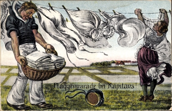 Postcard flag parade with captain, marine and wife hanging laundry