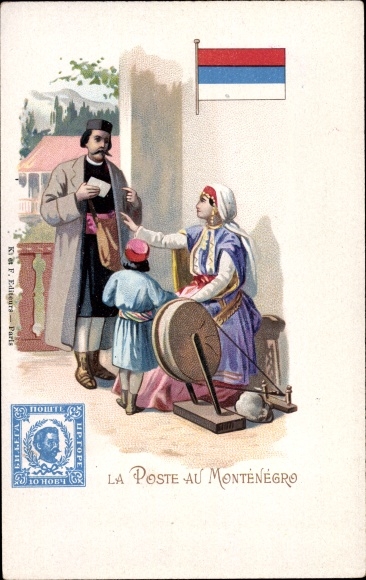 Stamps Chromo-Litho Montenegro, La Poste au Montenegro, Postman, spinning wheel, woman in costume