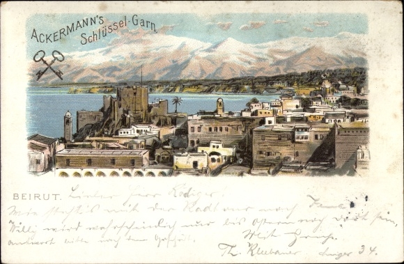 Litho Beirut Beyrouth Libanon, Stadtansicht, Reklame, Ackermann's Schlüssel Garn