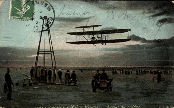 Postcard Aeroplane Wilbur Wright, Autour du Pylone, Biplane, Pilot, Aviation Pioneer, Launch Device