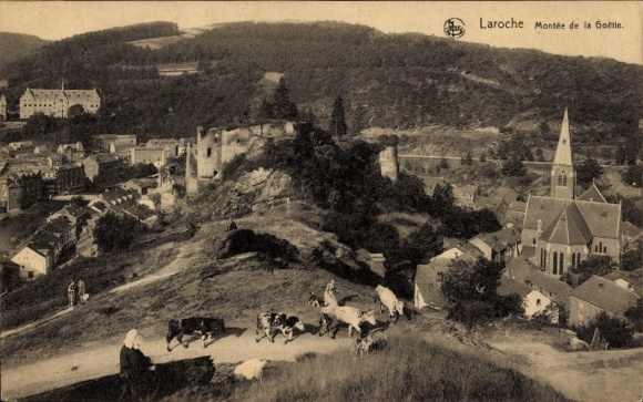 Postcard Laroche La Roche en Ardennes Wallonia Luxembourg, sheep, church, ruin, landscape, hilly