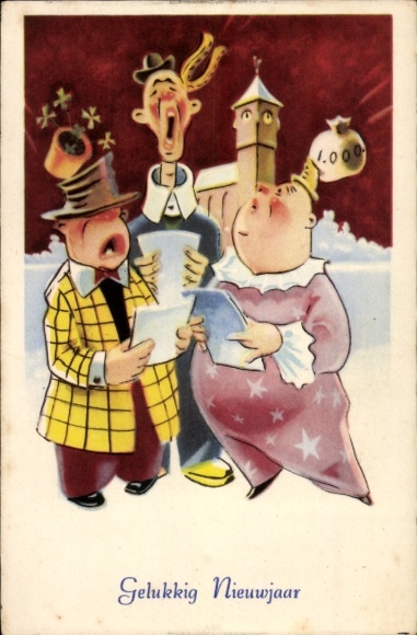 Postcard Happy New Year, singing men