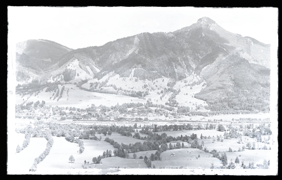 6 glass negatives Lenggries in Upper Bavaria, church, total view, street