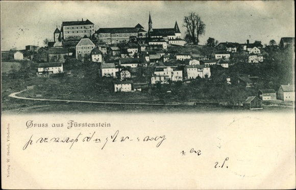 Ak Fürstenstein, gedeeltelijk uitzicht op de stad en uitzicht op het kasteel, toegangsweg