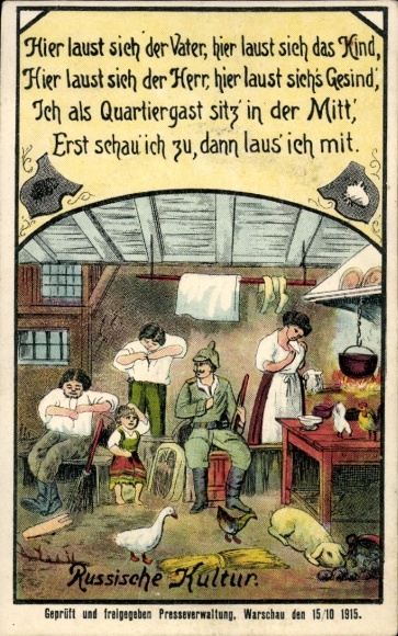 Ak Russische Kultur, Deutscher Soldat in einer russischen Bauernstube, Läuse, I. WK