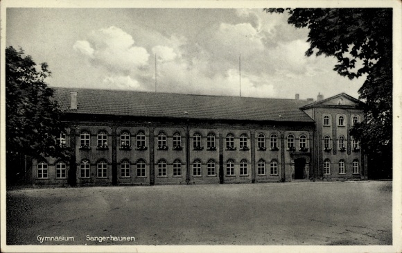 Postcard Sangerhausen am Südharz, high school building with window front, cloudy sky