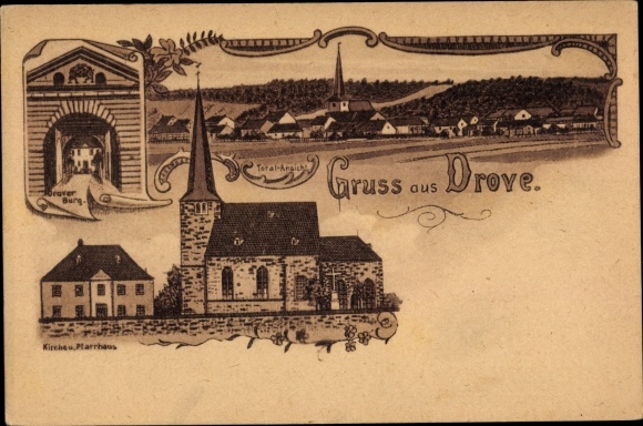 litho Drove Kreuzau in de Eifel, kerk, pastorie, kasteel, dorpsgezicht