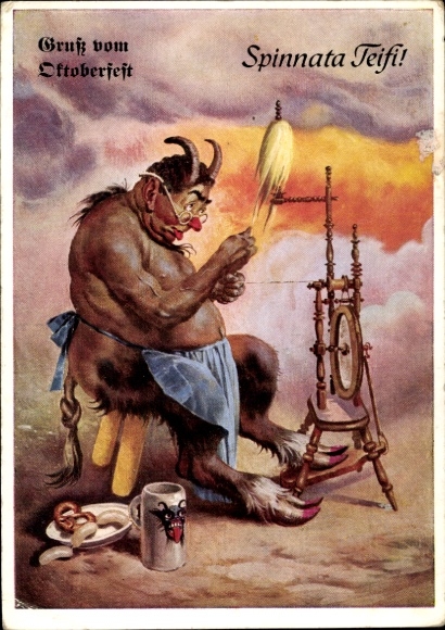Artist Postcard Spinnata Teifi, devil on the spinning wheel, Oktoberfest, pretzels, white sausage