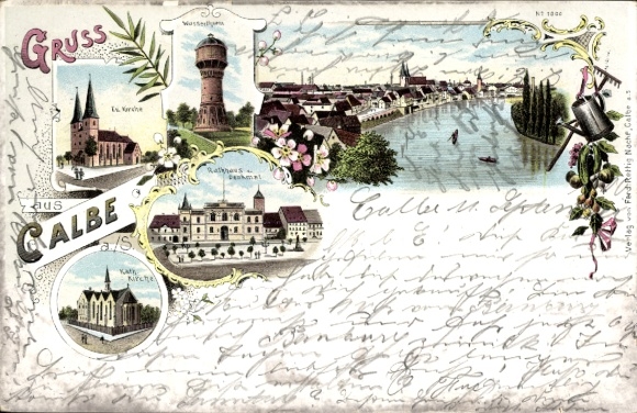 Litho Calbe an der Saale, Wasserturm, Kirche, Panorama, Rathaus, Denkmal