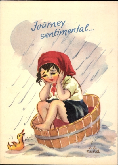 Artist Postcard Gund, Sad Girl, Rainy Weather