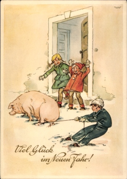 Postcard Happy New Year, children, pig