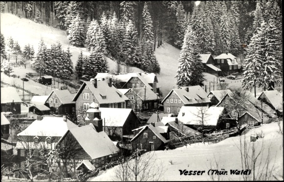 Postcard Vesser Suhl in Thuringia, view of the village in winter, snow