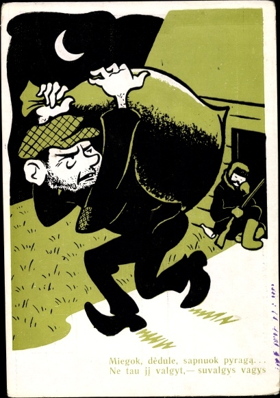 Artist Postcard Rymeikis, L., Lithuanian humor, joke, caricature, sleep, you will be eaten by thieves.