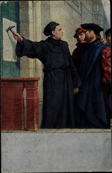 Artist PC Wittenberg, reformer Martin Luther with his theses at the Castle Church