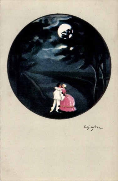 Artist Postcard Chiostri, Pierrot with Woman in the Moonlight