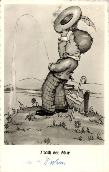 Artist Postcard After the cure in Bad Mergentheim, boy pees in a high arc