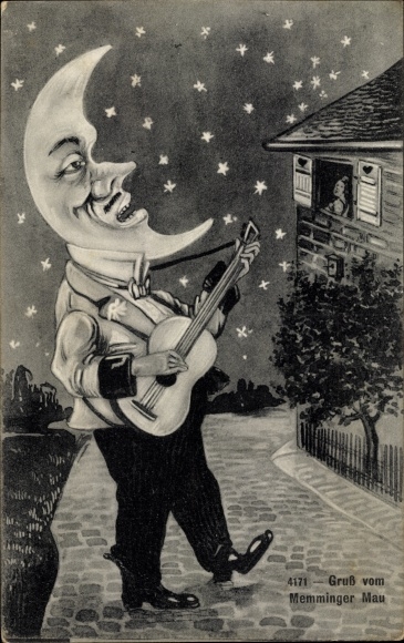 Postcard Memmingen in Swabia, Memminger Mau, half moon plays guitar