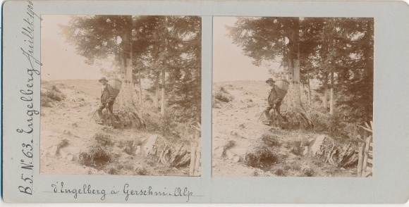 Stereo photo Engelberg Kt. Obwalden Switzerland, Gerschni Alp, man with back carrier, 1900