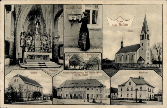 Postcard Ralbitz Rosenthal Oberlausitz, Wendish costume, wine tavern, hardware store, altar