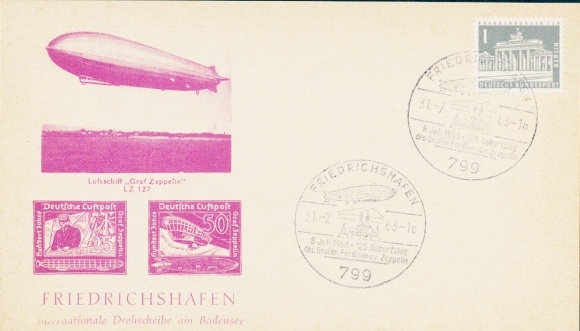 PC stamp 125th birthday of Graf Zeppelin 1963, Friedrichshafen on Lake Constance, airship LZ 127