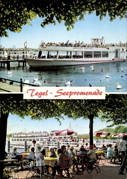 Ak Berlin Reinickendorf Tegel, Boot auf dem Wasser, Seepromenade, Menschen auf dem Boot, Enten au