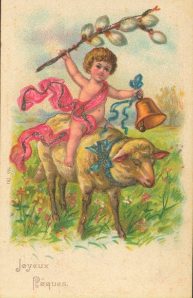 Glitter Chromo-Litho Congratulations Easter, Child, Lamb, Bell, Pussy Willow