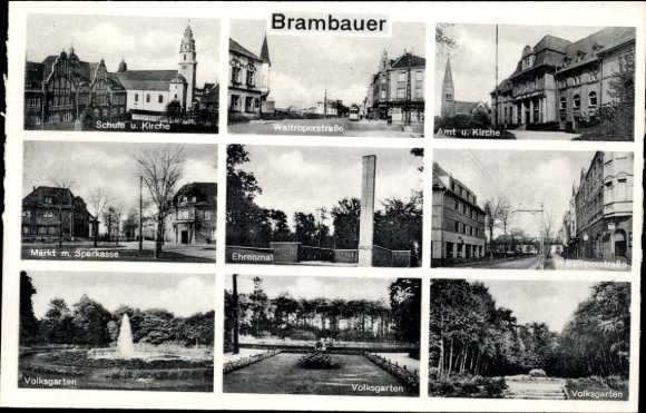 Postcard Brambauer Lünen in Westphalia, Waltroper Straße, Volksgarten, memorial, church, school