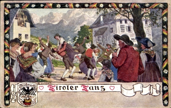 Artist Postcard Kutzer, E., Tyrolean dance, Tyrolean folk costumes