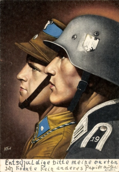 Artist Postcard Frank, H., SA man, Wehrmacht soldier of the 19th Army, side portrait